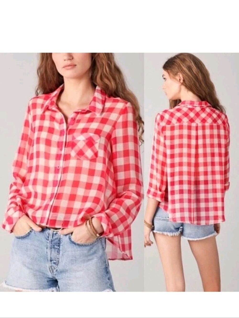 Free People Pink/Red and White Gingham Semi-Sheer Button Up Blouse Size Large